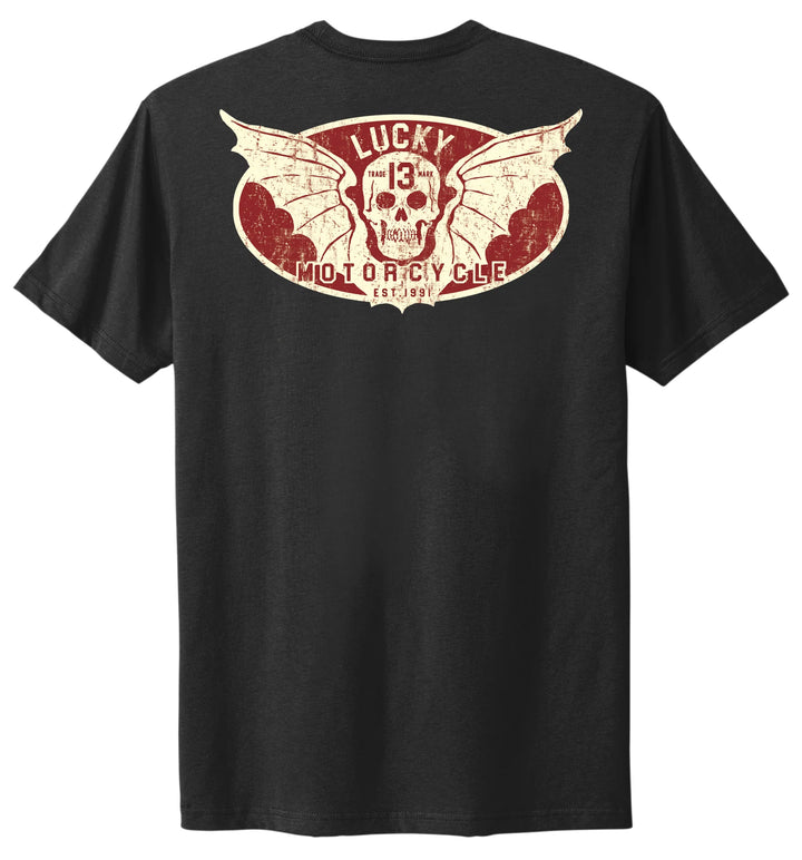 Black t-shirt with a red and white graphic design on the back