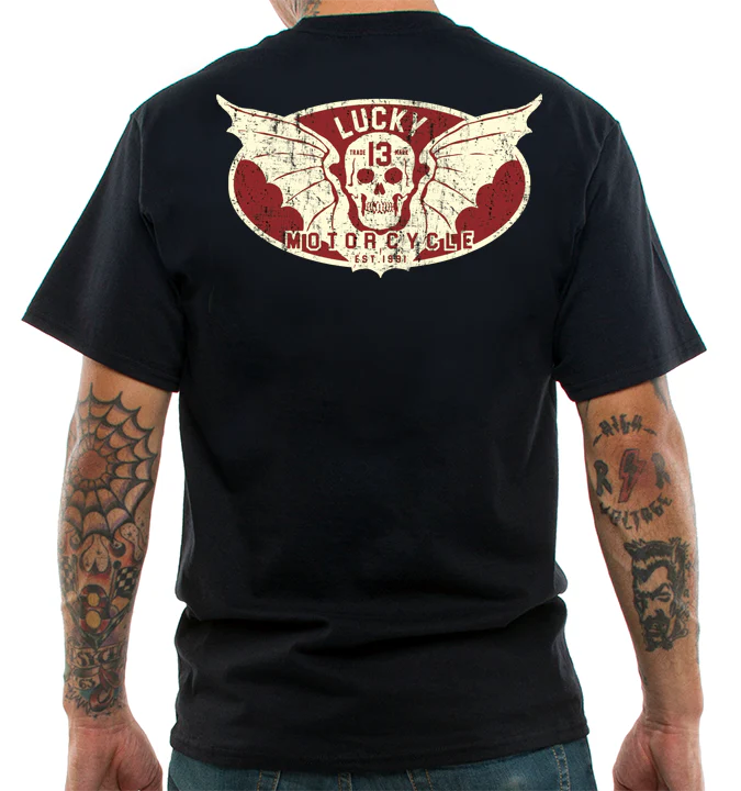 Black t-shirt with a red and white graphic on the back, featuring text and a skull design.