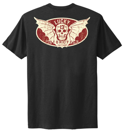 Black t-shirt with a red and white graphic design on the back