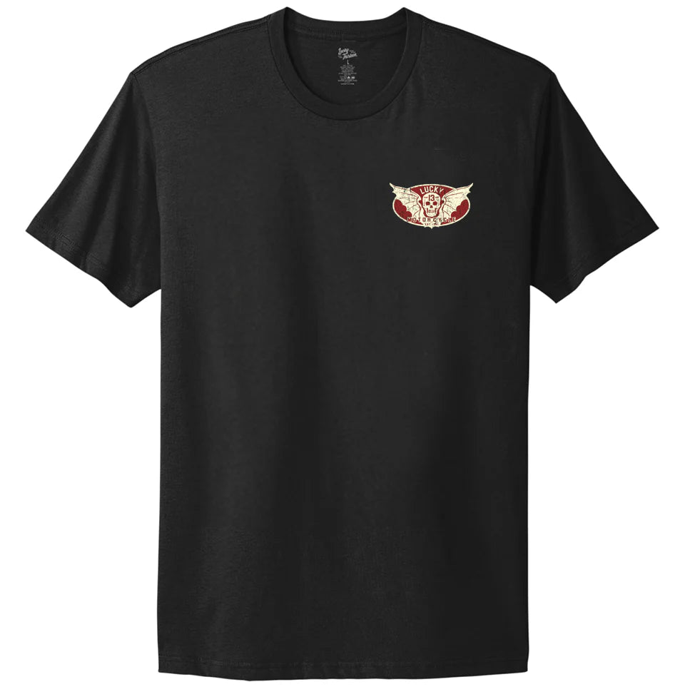 Black t-shirt with a red and white logo on a white background