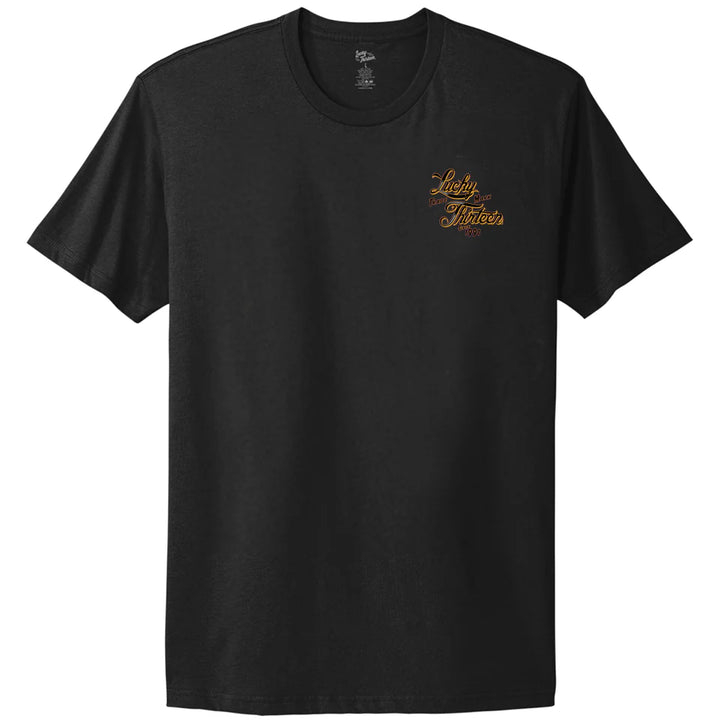 Black t-shirt with a logo on the chest against a white background