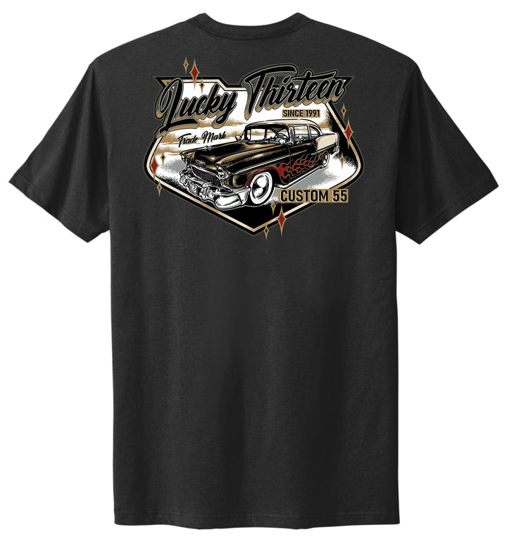 Black t-shirt with a vintage car graphic and text on a white background