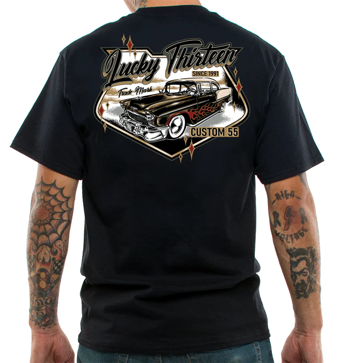 Black t-shirt with a graphic design on the back featuring a classic car and text.