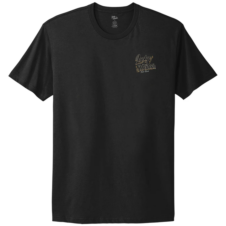 Black t-shirt with a logo on the chest against a white background