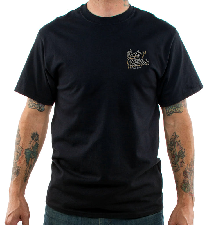 Person wearing a black t-shirt with a logo on a white background