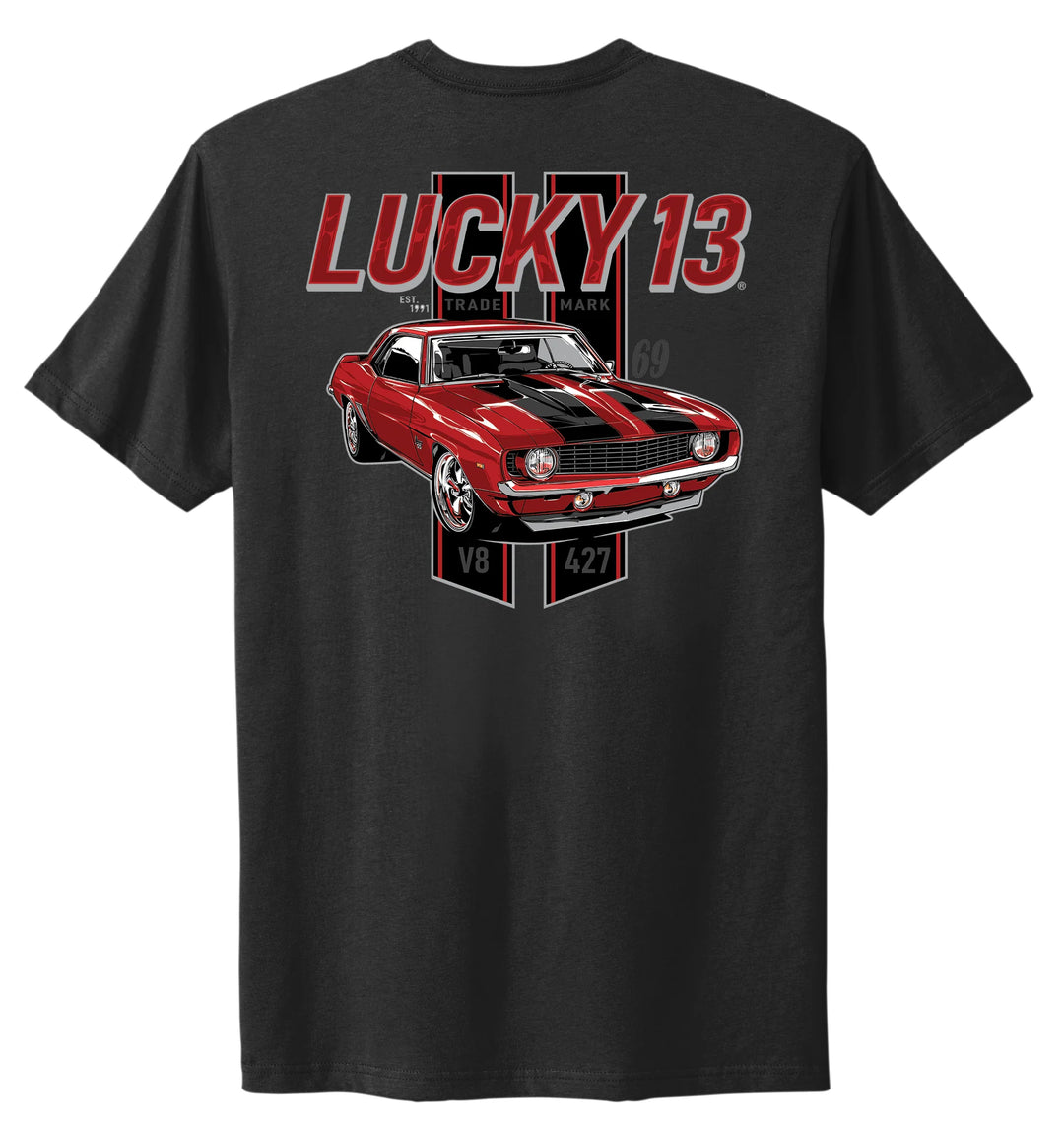 Black t-shirt with a red muscle car graphic and 'LUCKY 13' text on a white background