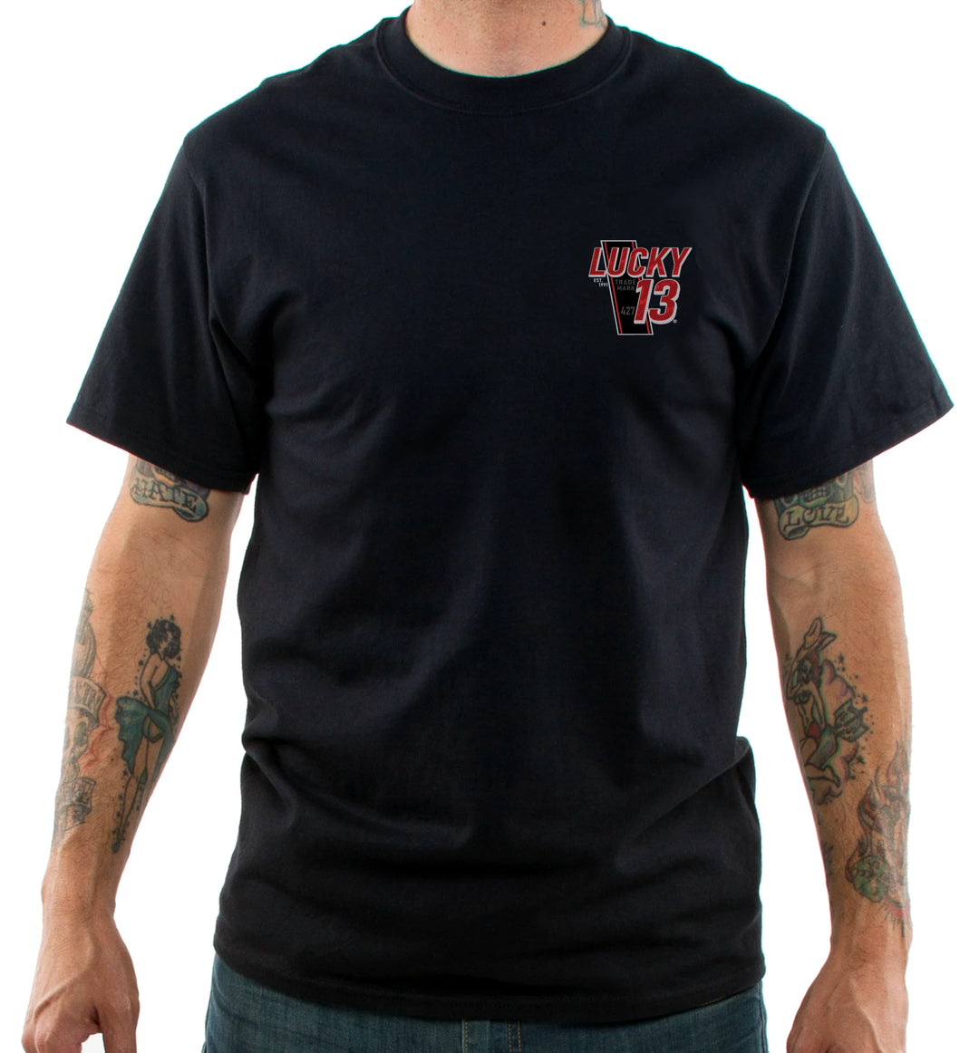 Person wearing a black t-shirt with a Red 'Lucky 13' logo on a white background