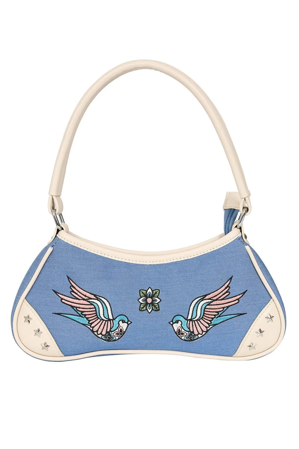 Blue handbag with bird designs on a white background