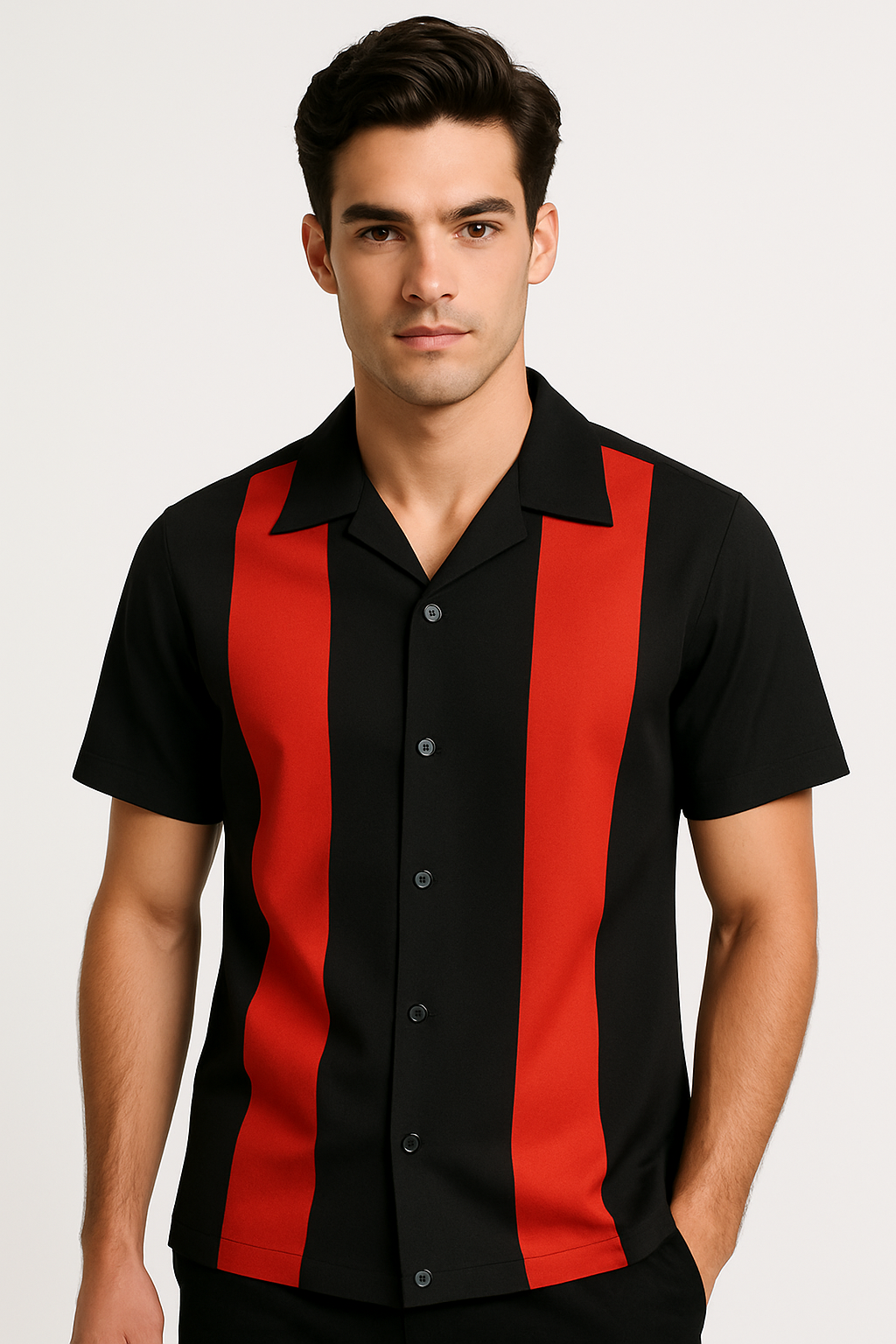 Black Red Bodgie Double Panel Bowling Shirt - Nifty50's Retro Men's