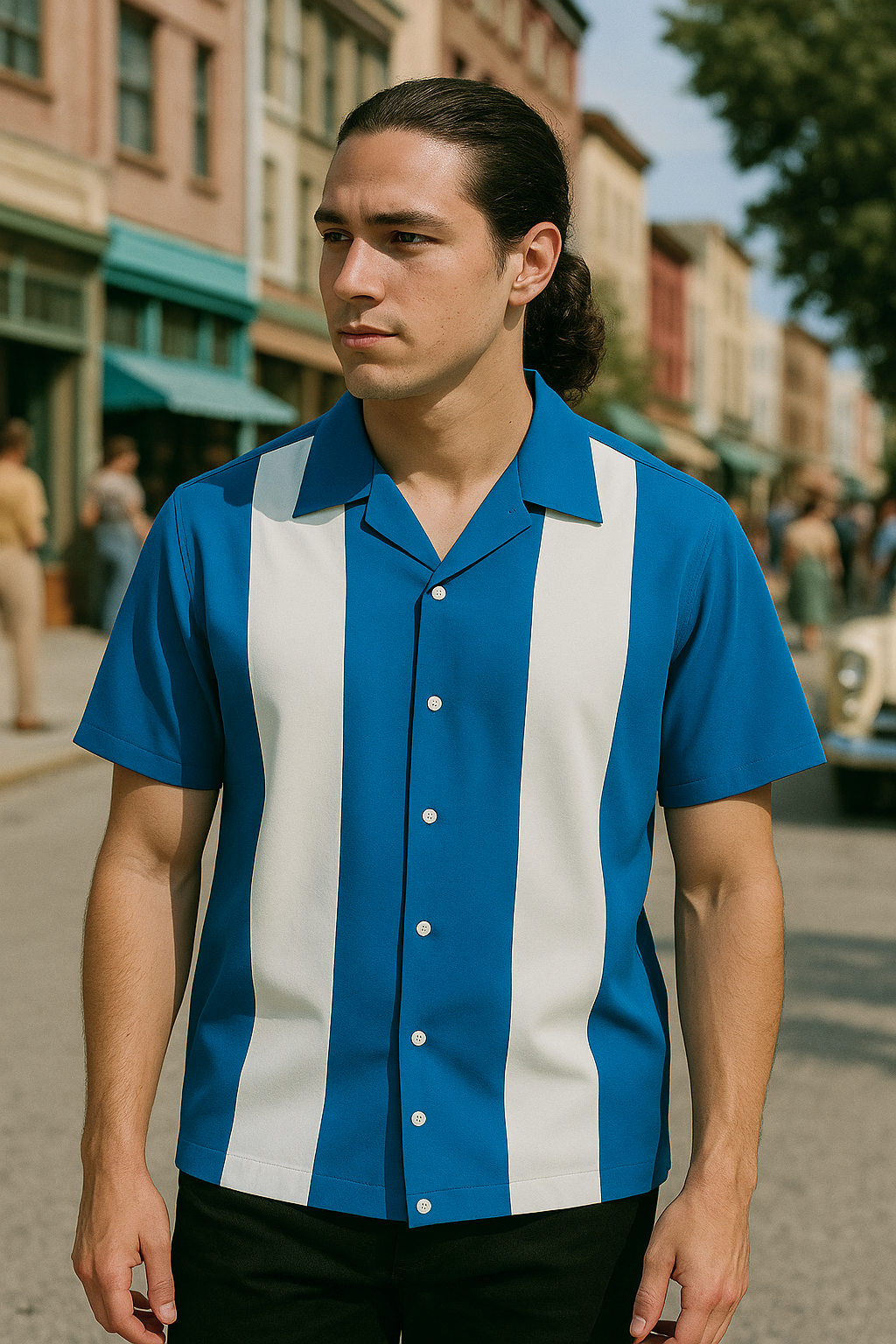 Teal White Bodgie Double Panel Bowling Shirt - Nifty50's Retro Men's