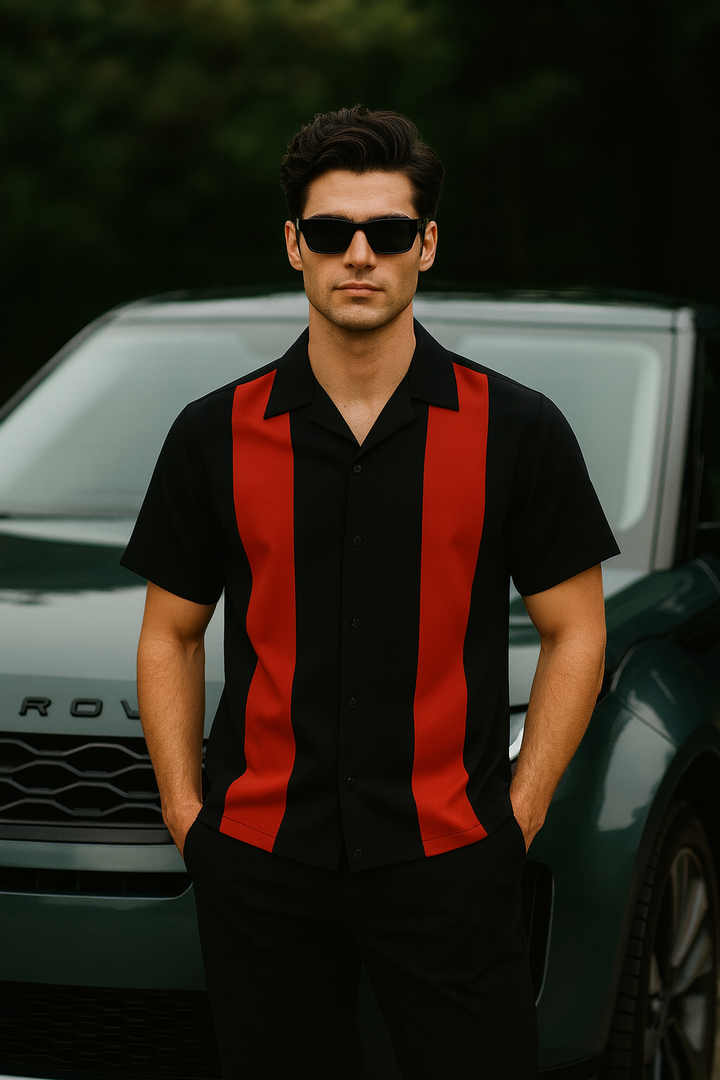 Black Red Bodgie Double Panel Bowling Shirt - Nifty50's Retro Men's