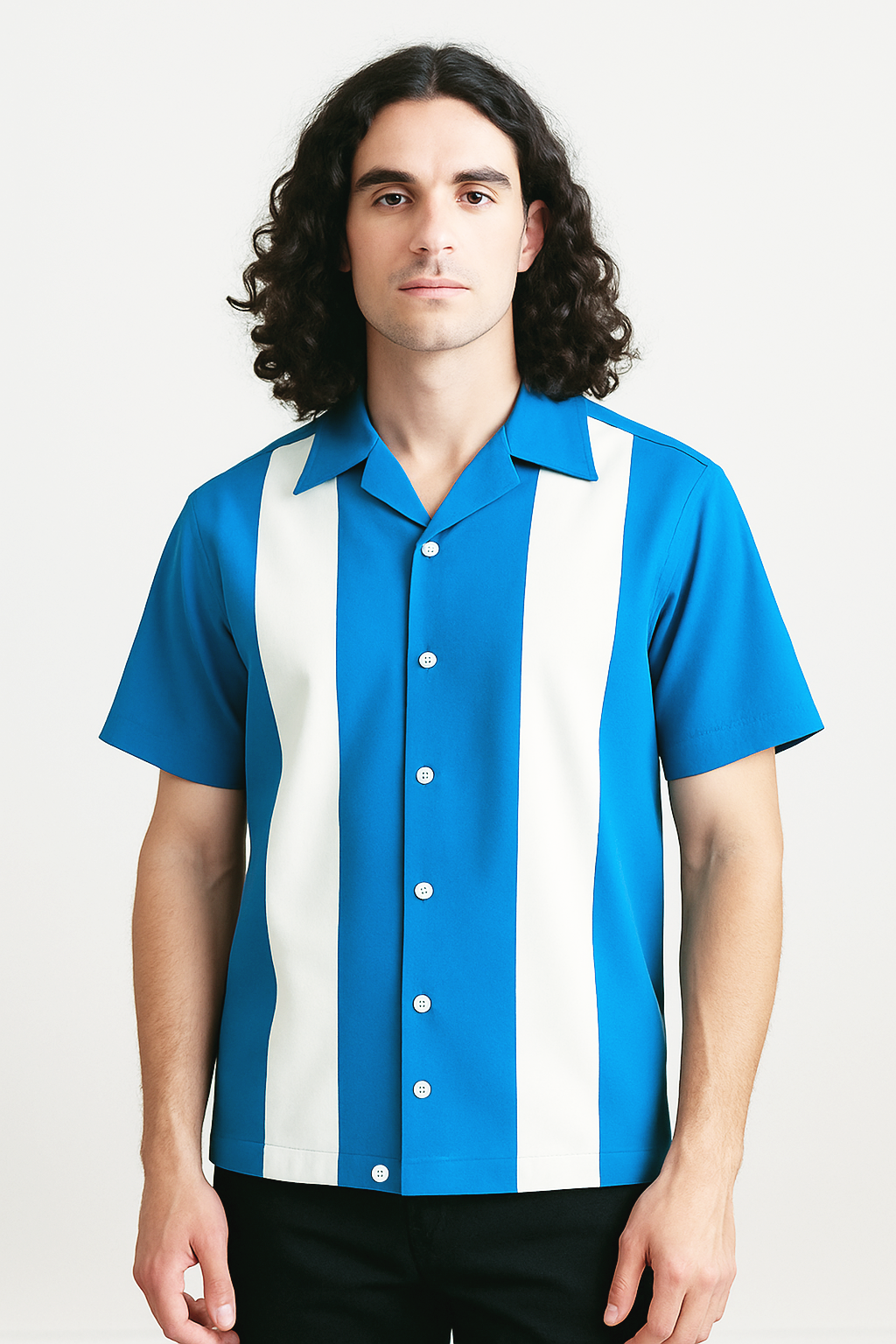 Teal White Bodgie Double Panel Bowling Shirt - Nifty50's Retro Men's