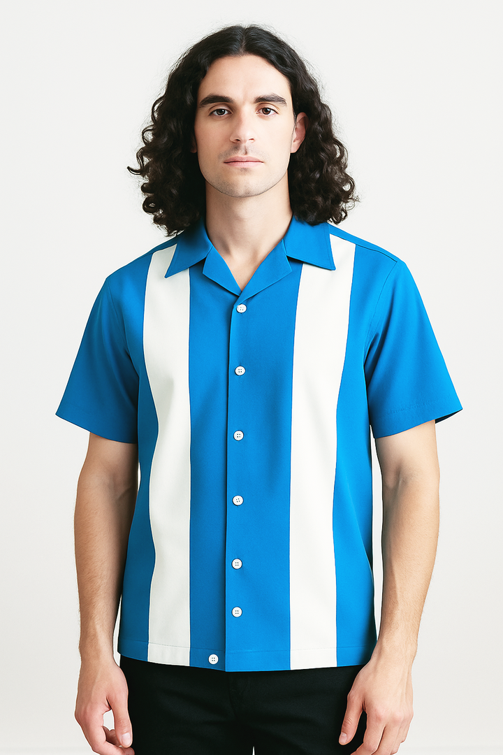 Teal White Bodgie Double Panel Bowling Shirt - Nifty50's Retro Men's