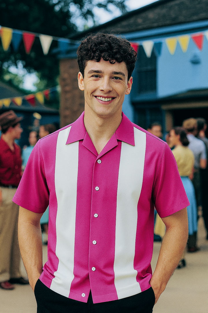Hot Pink White Bodgie Double Panel Bowling Shirt - Nifty50's Retro Men's