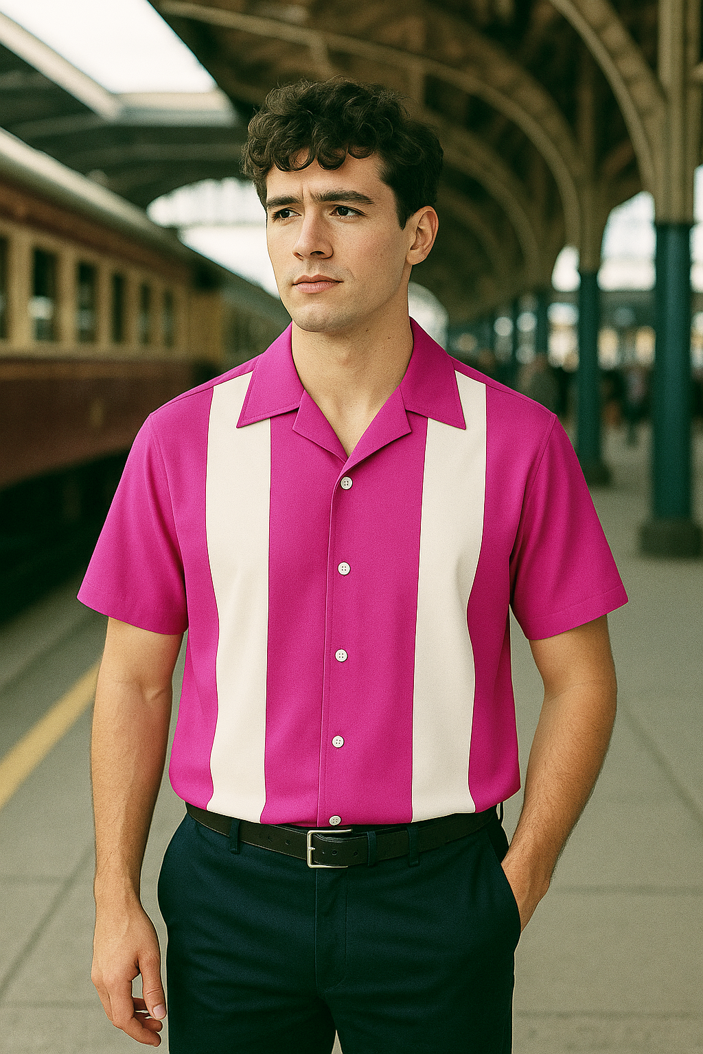 Hot Pink White Bodgie Double Panel Bowling Shirt - Nifty50's Retro Men's