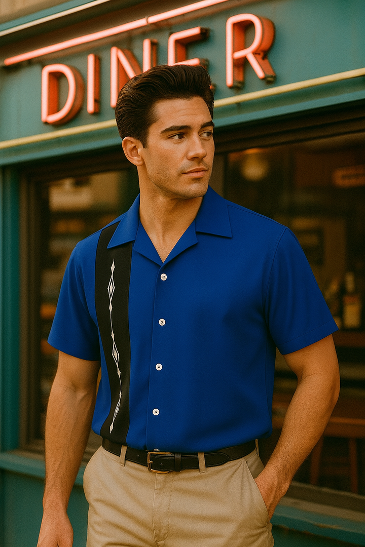 Black White Havana Diamond Design Bowling Shirt - Nifty50's Retro Men's