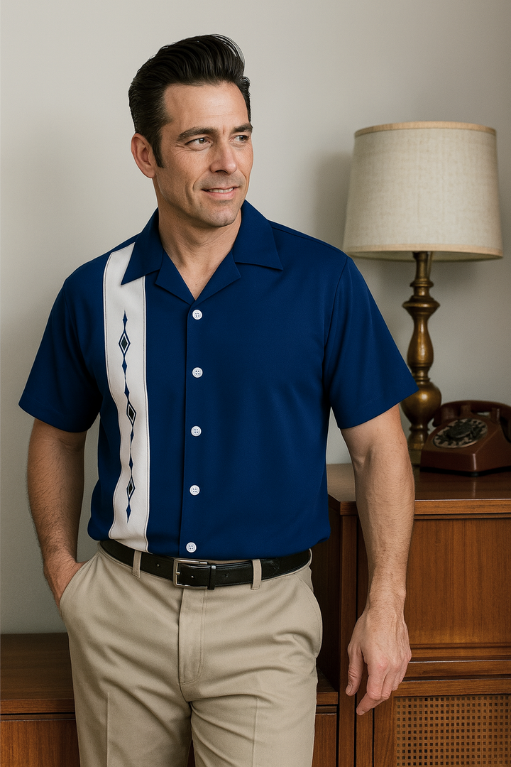 Navy White Havana Diamond Design Bowling Shirt - Nifty50's Retro Men's