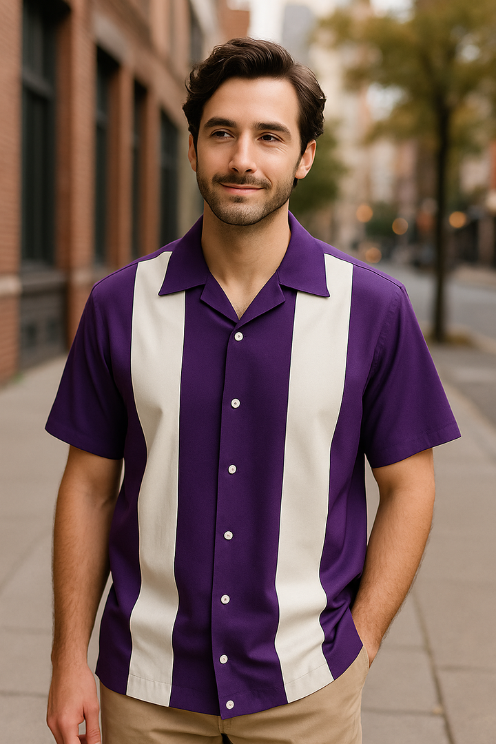 Purple White Bodgie Double Panel Bowling Shirt - Nifty50's Retro Men's