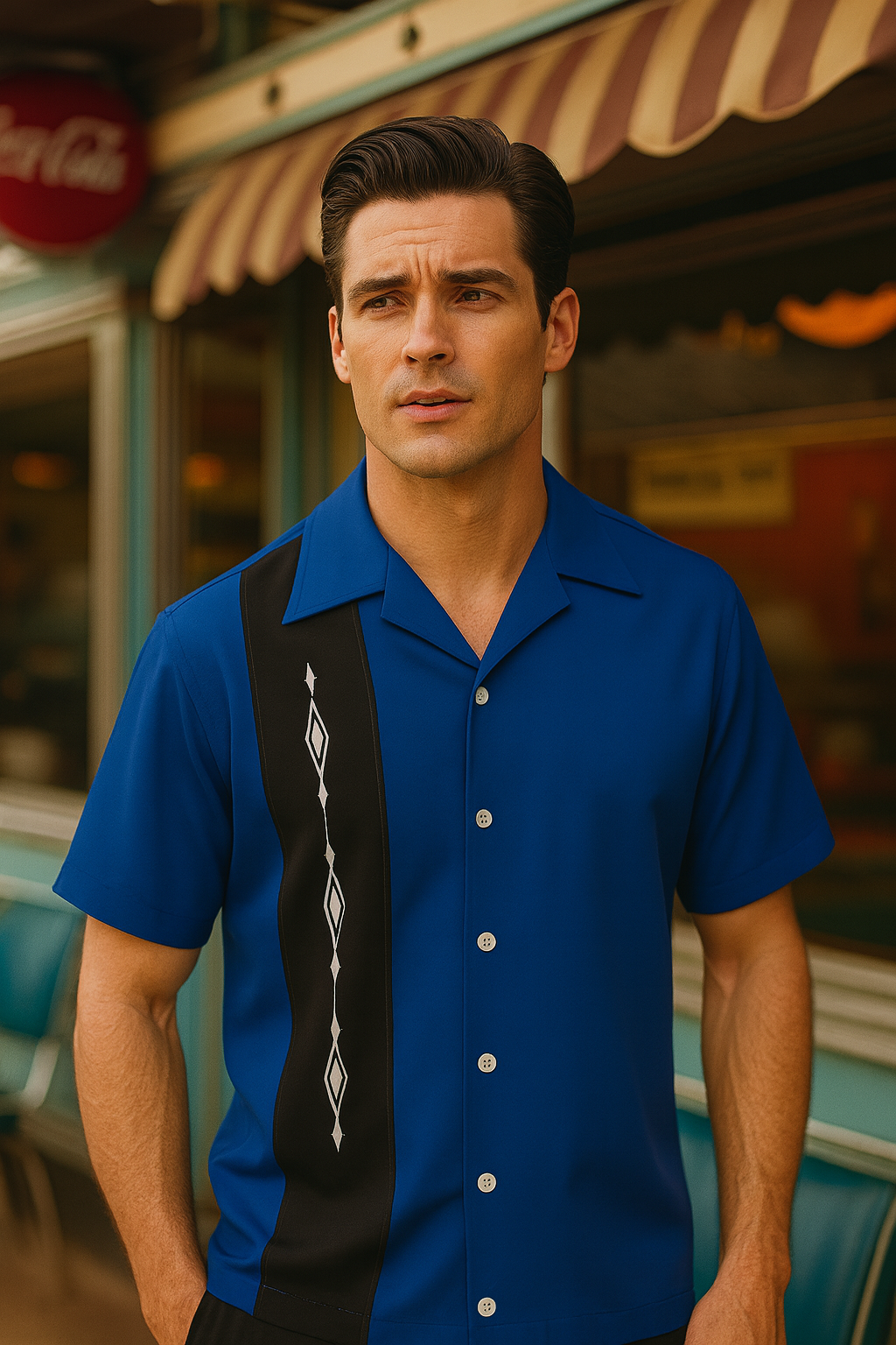 Black White Havana Diamond Design Bowling Shirt - Nifty50's Retro Men's