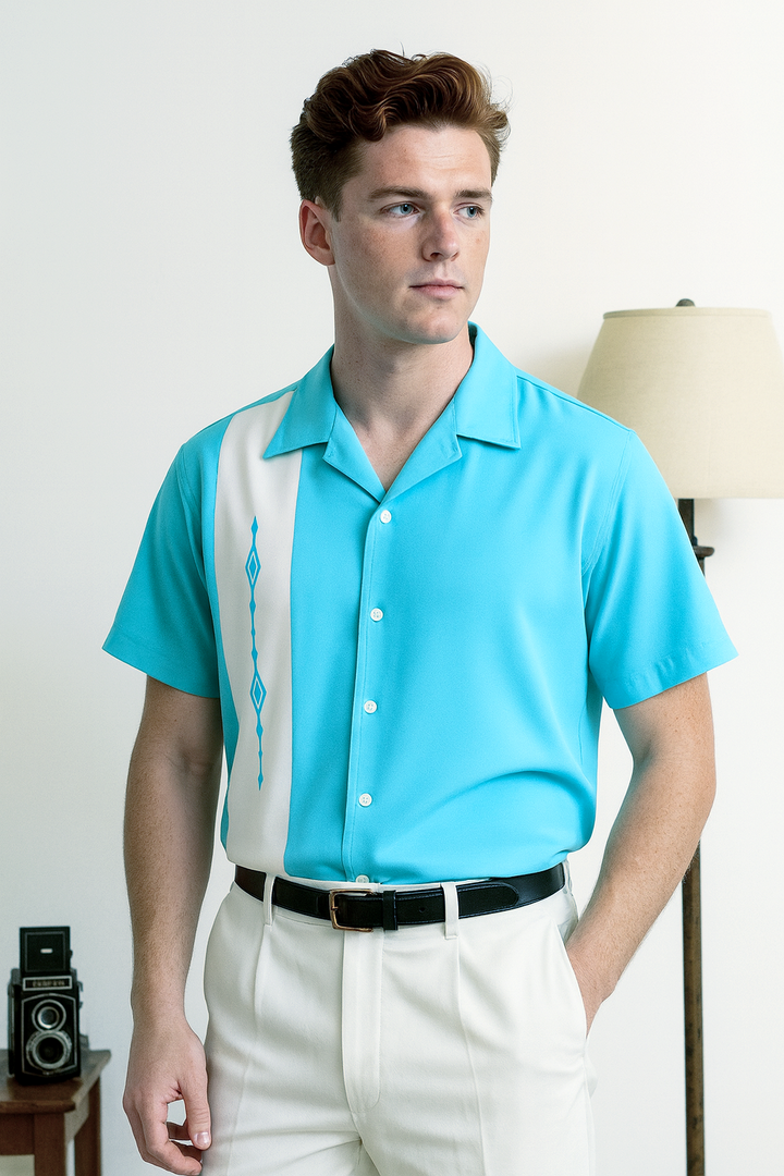 Aqua White Havana Diamond Design Bowling Shirt - Nifty50's Retro Men's