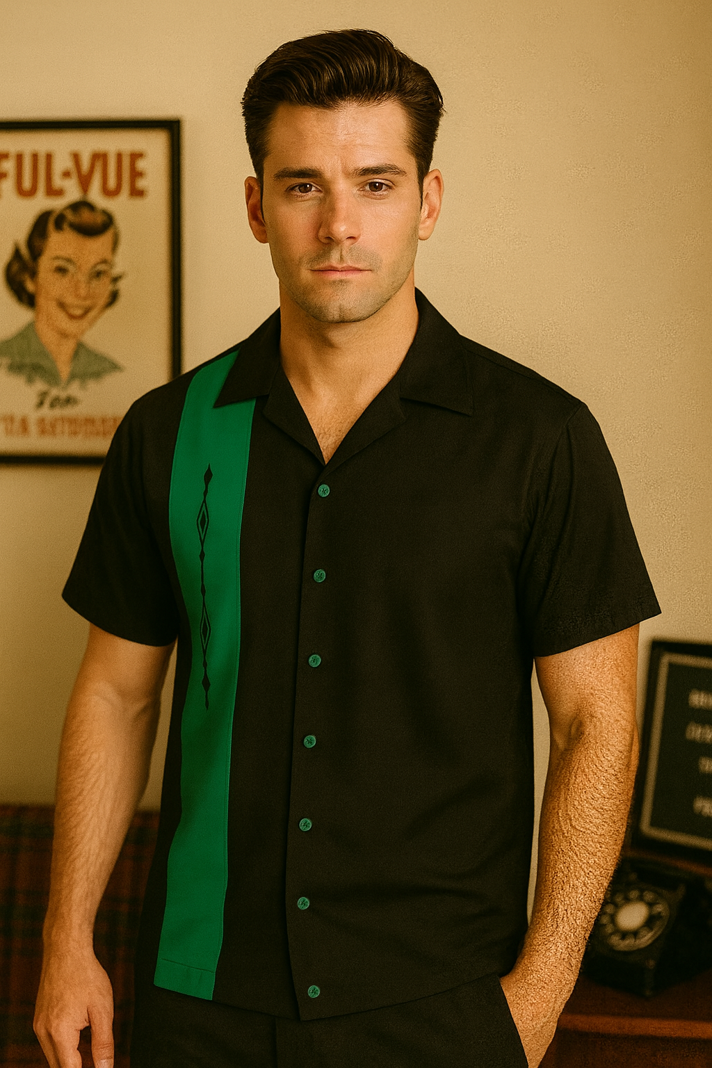 Black Green Havana Diamond Design Bowling Shirt - Nifty50's Retro Men's