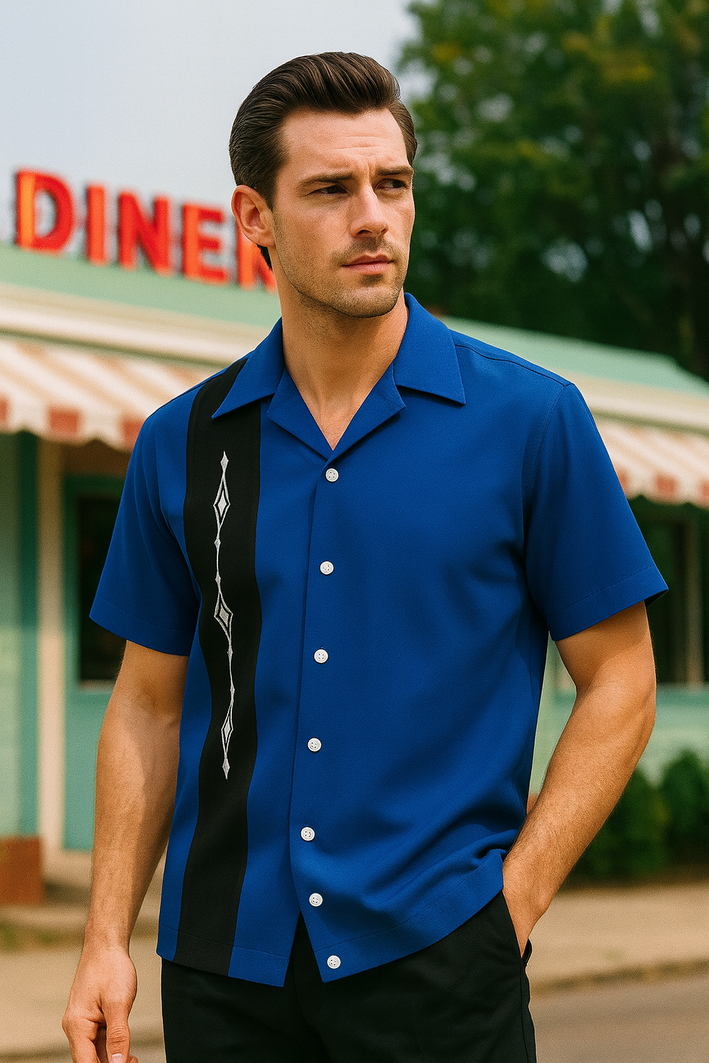 Black White Havana Diamond Design Bowling Shirt - Nifty50's Retro Men's