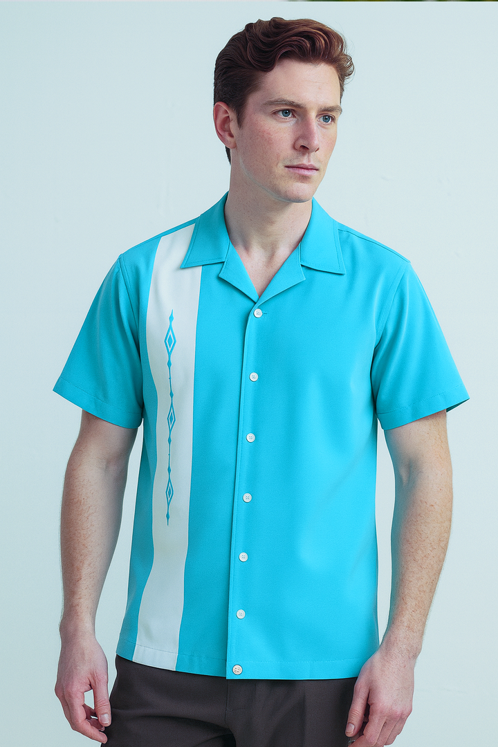 Aqua White Havana Diamond Design Bowling Shirt - Nifty50's Retro Men's