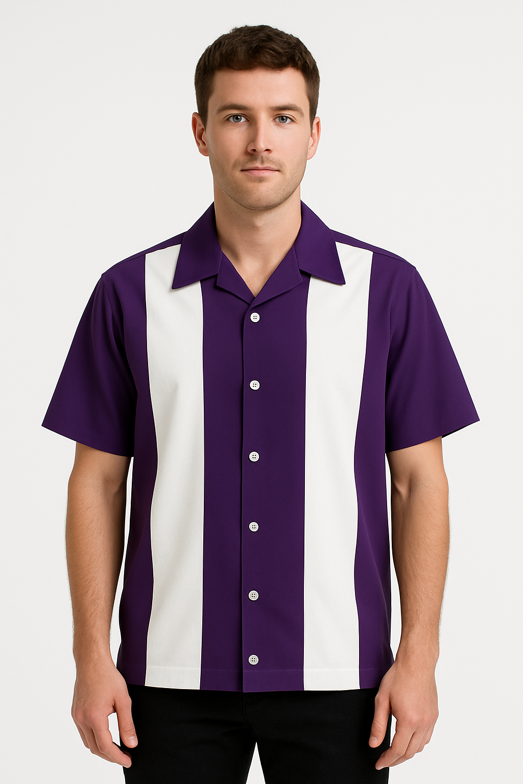 Purple White Bodgie Double Panel Bowling Shirt - Nifty50's Retro Men's