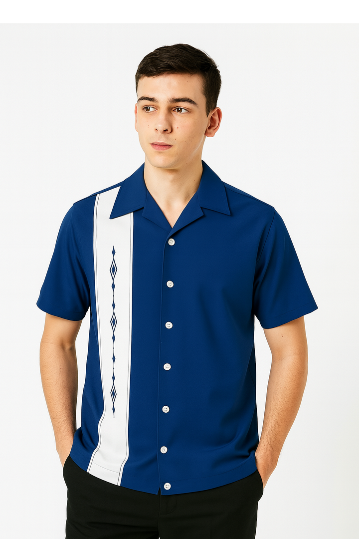 Navy White Havana Diamond Design Bowling Shirt - Nifty50's Retro Men's