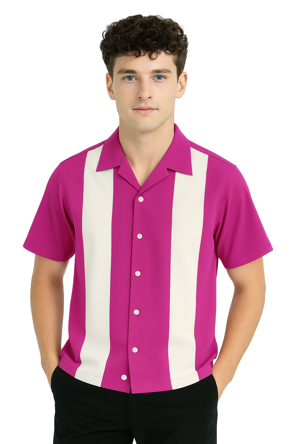 Hot Pink White Bodgie Double Panel Bowling Shirt - Nifty50's Retro Men's