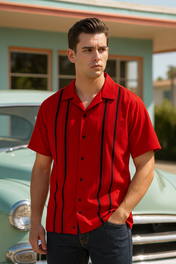 Cruisin Double Stripe Bowling Shirt - Nifty50's Retro Men's
