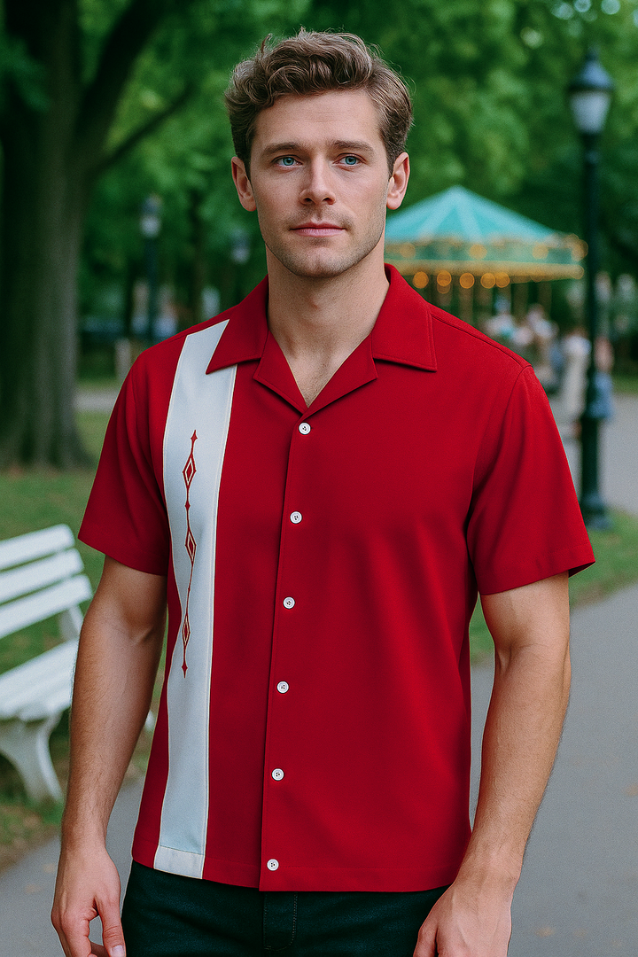 Red White Havana Diamond Design Bowling Shirt - Nifty50's Retro Men's