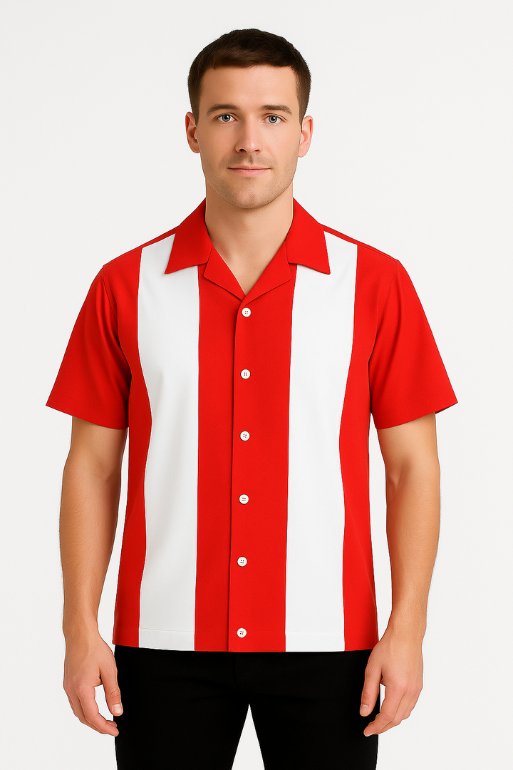 Red White Bodgie Double Panel Bowling Shirt - Nifty50's Retro Men's