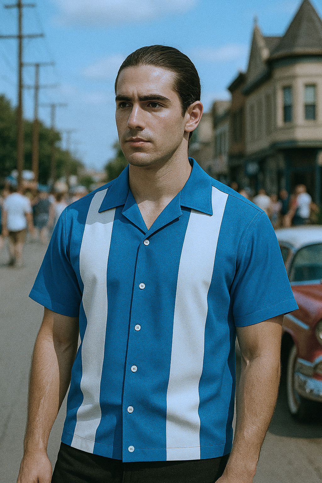 Teal White Bodgie Double Panel Bowling Shirt - Nifty50's Retro Men's