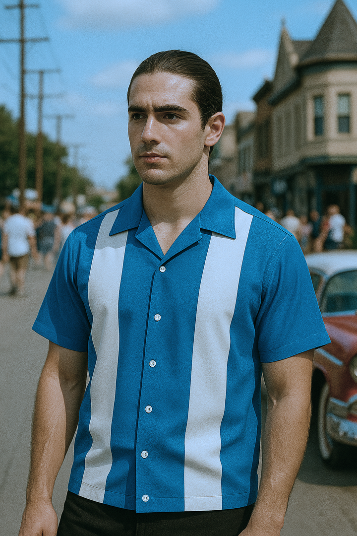 Teal White Bodgie Double Panel Bowling Shirt - Nifty50's Retro Men's