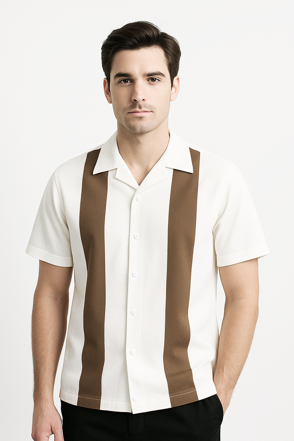 White Coffee Bodgie Double Panel Bowling Shirt - Nifty50's Retro Men's