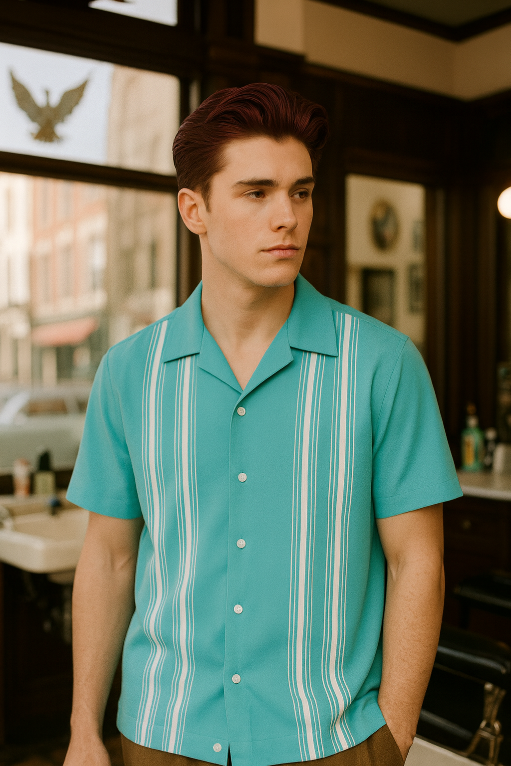 Aqua White Cruisin Double Stripe Bowling Shirt - Nifty50's Retro Men's