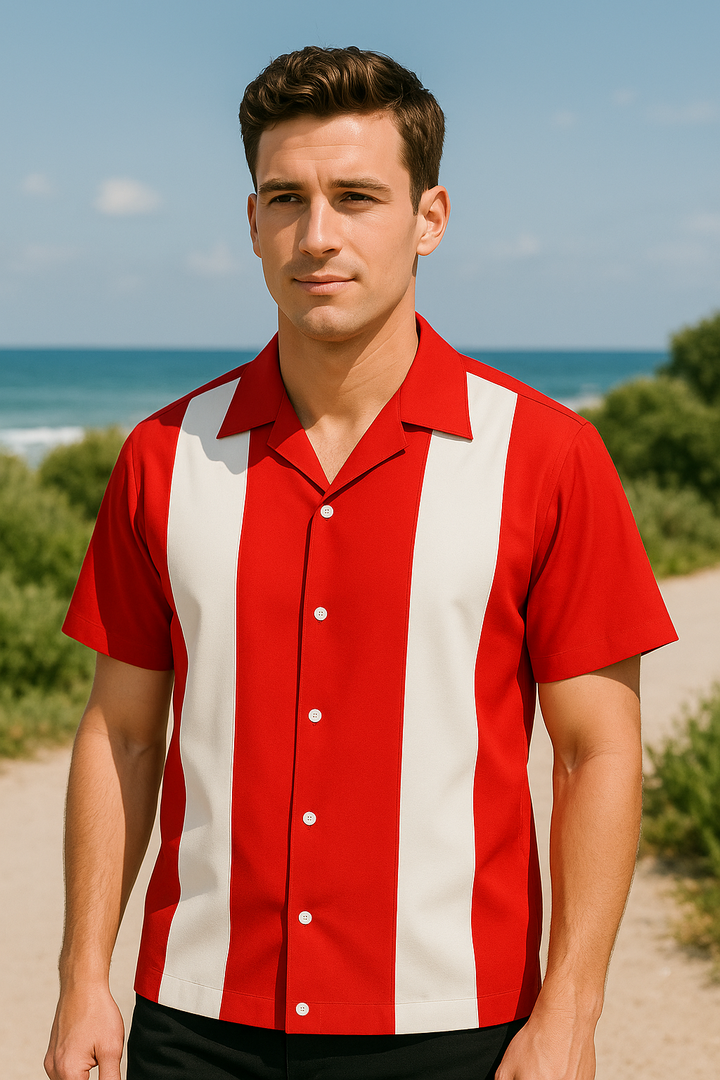 Red White Bodgie Double Panel Bowling Shirt - Nifty50's Retro Men's