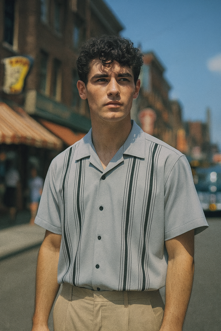 Silver Black Cruisin Double Stripe Bowling Shirt - Nifty50's Retro Men's