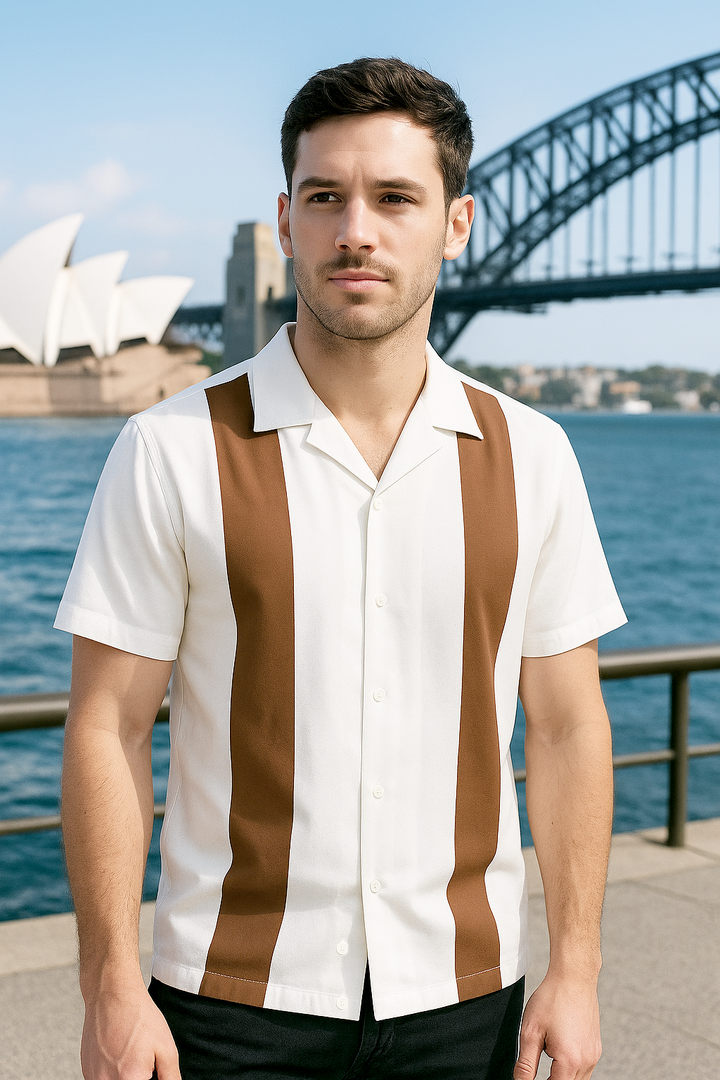 White Coffee Bodgie Double Panel Bowling Shirt - Nifty50's Retro Men's
