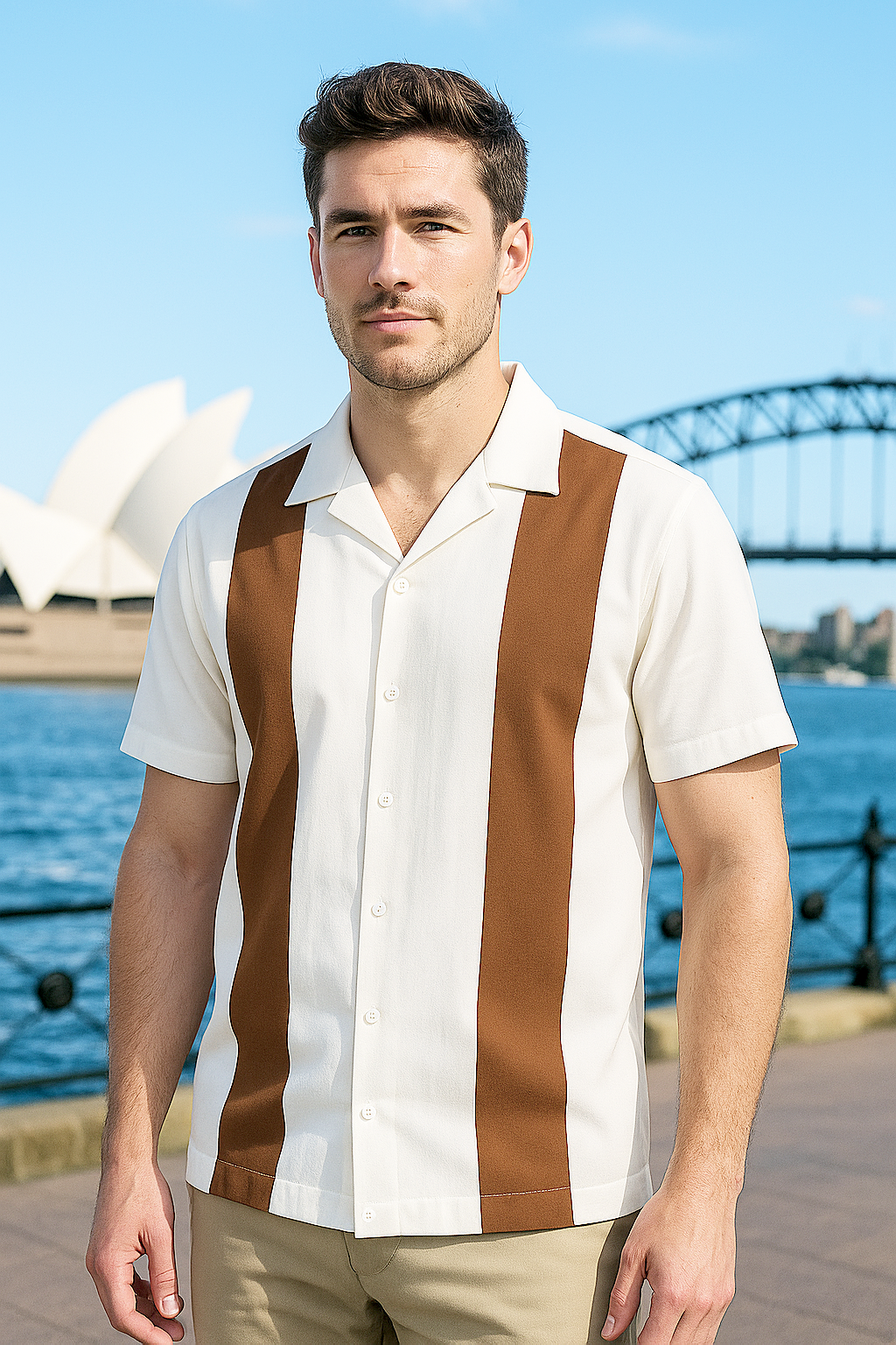 White Coffee Bodgie Double Panel Bowling Shirt - Nifty50's Retro Men's