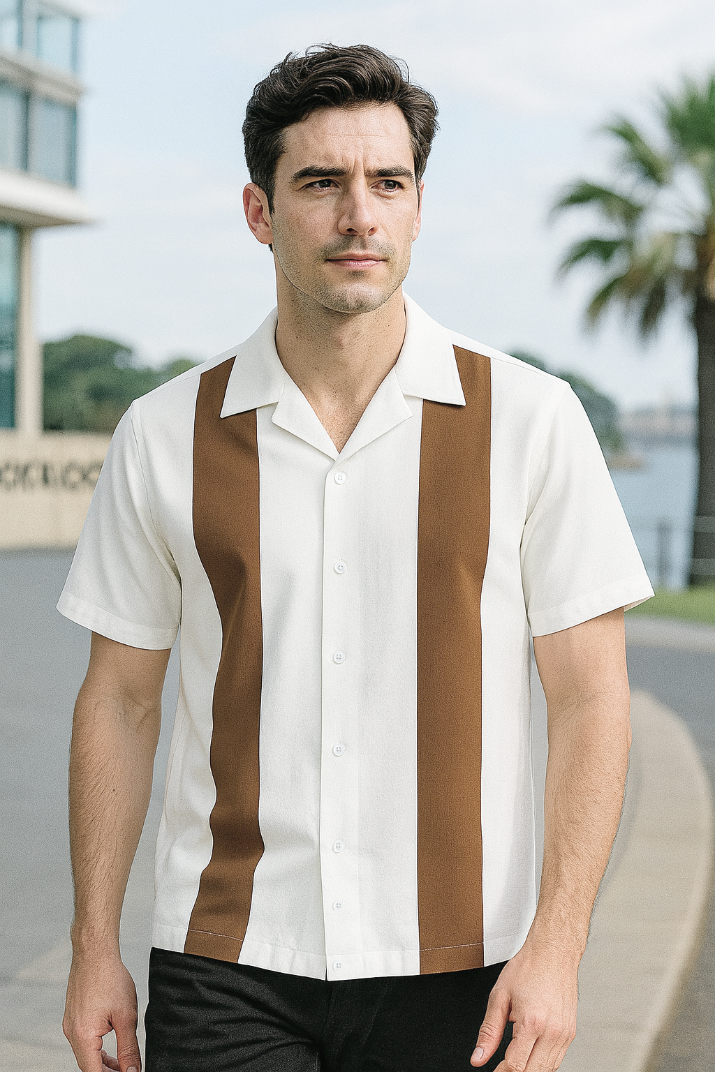 White Coffee Bodgie Double Panel Bowling Shirt - Nifty50's Retro Men's
