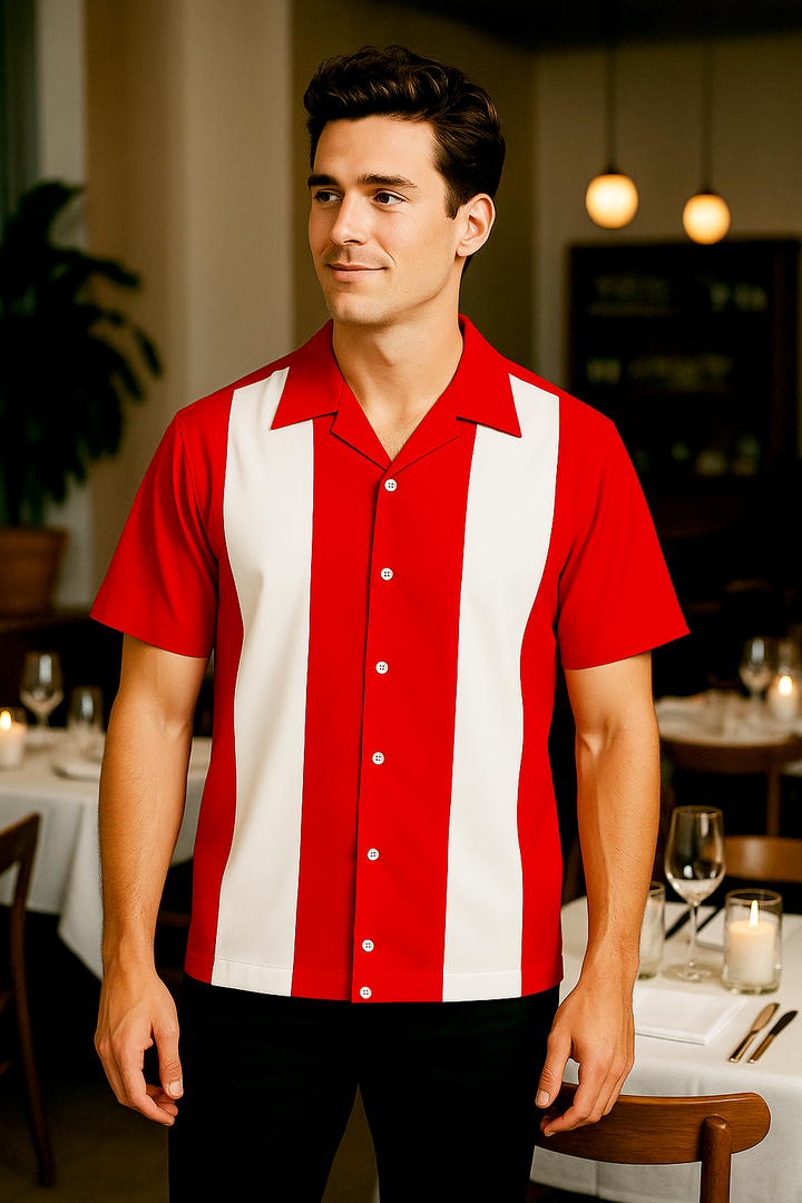 Red White Bodgie Double Panel Bowling Shirt - Nifty50's Retro Men's