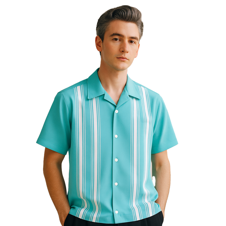 Aqua White Cruisin Double Stripe Bowling Shirt - Nifty50's Retro Men's