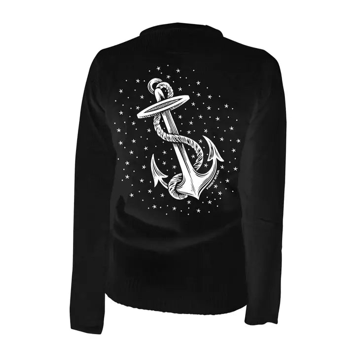 Black long-sleeve shirt with a white anchor design on the back against a white background