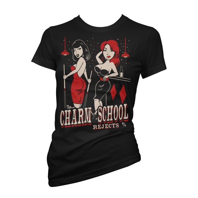 Black t-shirt with graphic design of two women and 'Charm School Rejects' text on a white background