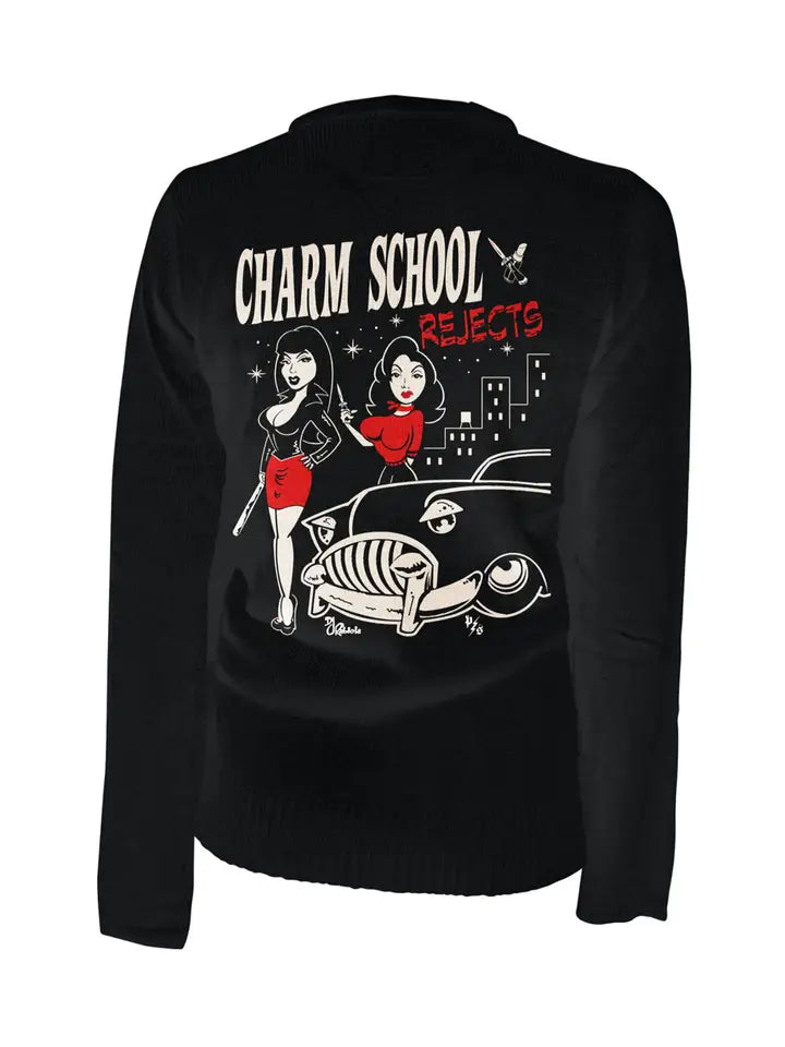 Black jacket with 'Charm School Rejects' graphic on the back