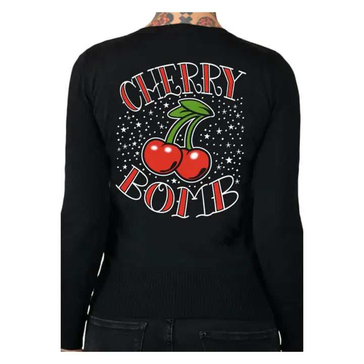 Black sweater with 'Cherry Bomb' design on the back