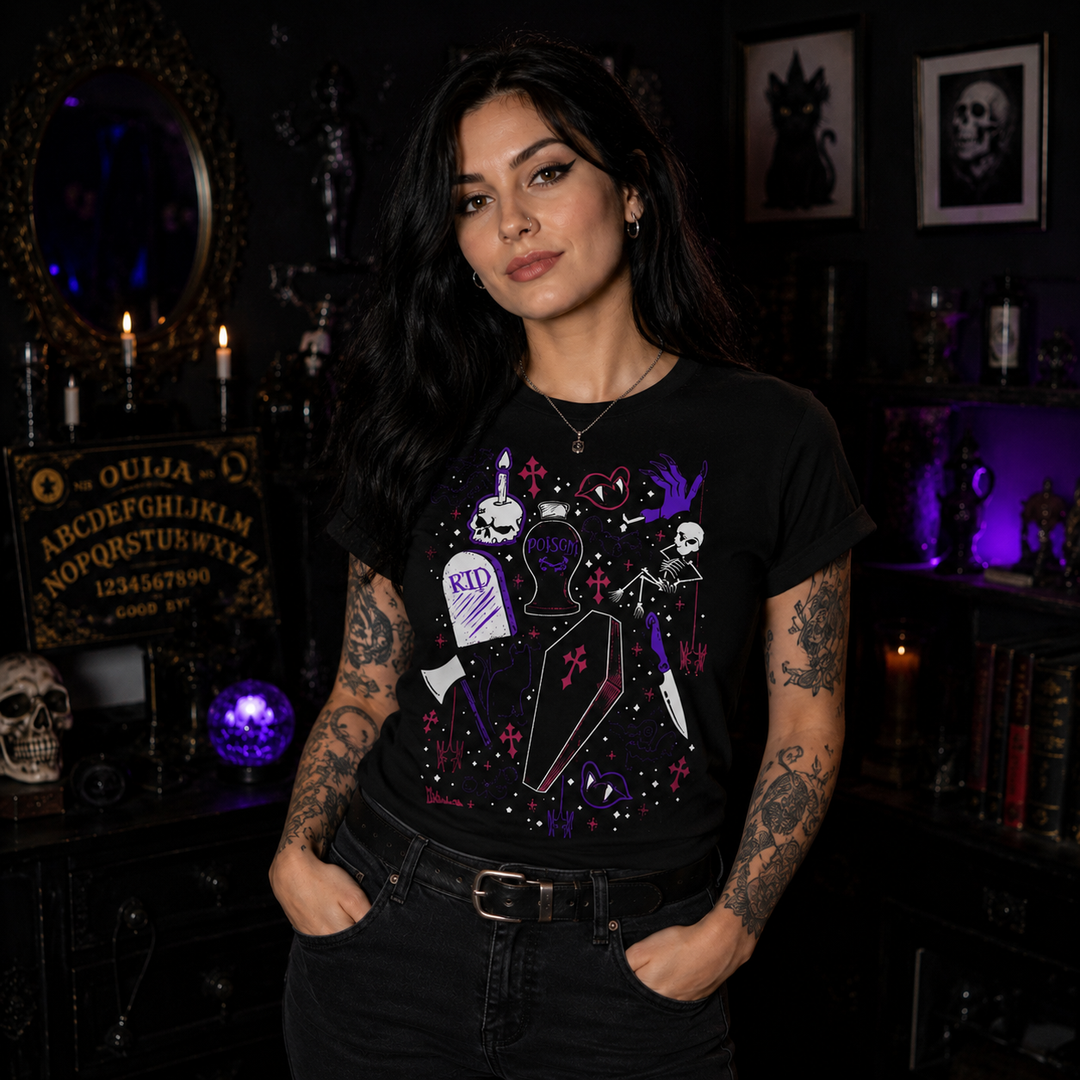 Girl in a psychic room wearing a black shirt with skeleton, skull and weapon images