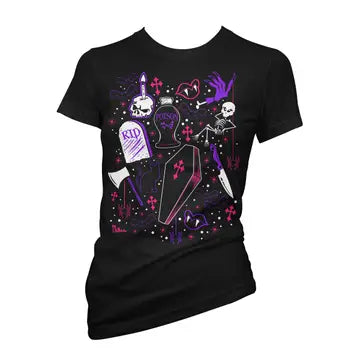 Black t-shirt with a colorful graphic design of skeleton, skull and weapons